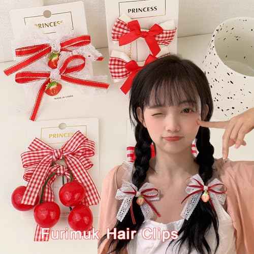8 Pack Cherry Strawberry Hair Accessories Bow Hair Clips Red Alligator Hair Barrettes Plaid Bow Hairpins for Women Girls Christmas Hair Decoration