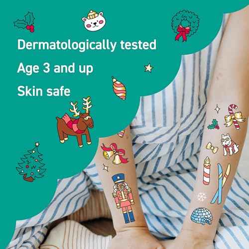 Omy Christmas Temporary Tattoos for Kids - 50 Festive, Colorful Designs with Santa, Gifts, and Snowflakes | Easy to Apply, Safe & Long-Lasting | Age 3 and Up