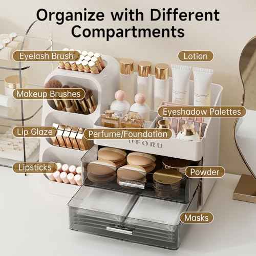 Makeup Organizer for Vanity with Brush Holder, Countertop Organizer with 2 Drawers, Spacious Cosmetic Display Case for Beauty Essential, Skincare, Lipstick