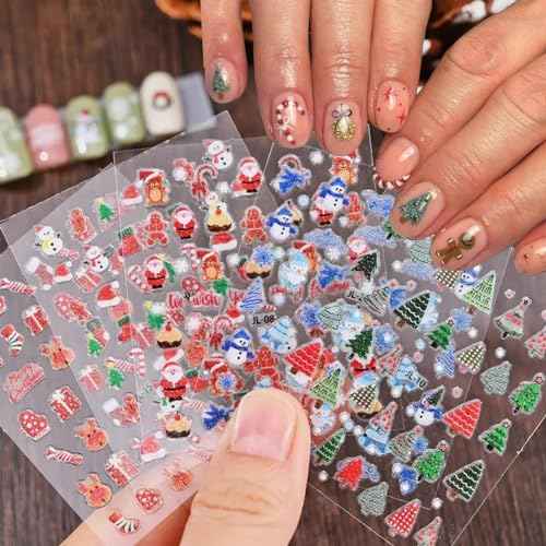 30Pcs/Set Glitter Christmas Nail Sticker 3D Self- Adhesive Nail Decals with Cute Penguin Deer Snowman Snowflake Elk Santa Claus Design Xmas Nail Art Stickers for Women Winter Holiday Nail Decorations