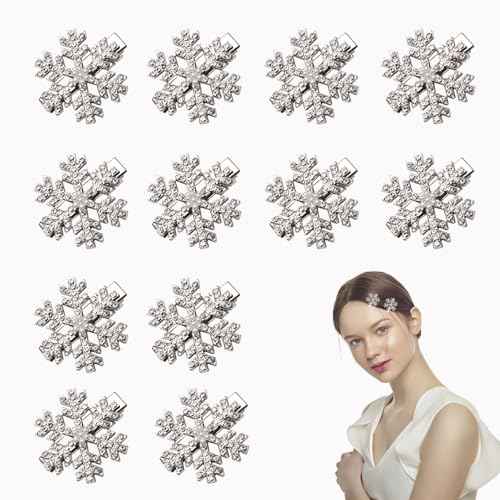 12 Pcs Snowflake Hair Clips - Rhinestone Pearl Accessories, Christmas Sparkly Pins, Cute Small Silver Metal Barrettes for Women Girls