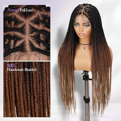 360 Full Lace Knotless Box Braided Wig, Long Black Synthetic Hair, Triangle Lace Front (Ombre Brown Blonde, 34 inches)