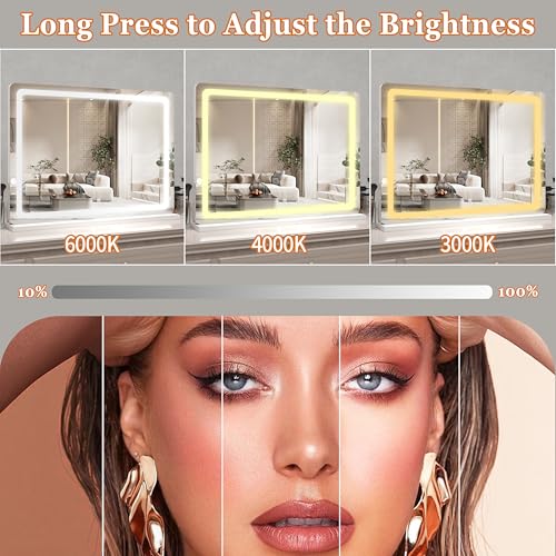 HNV Vanity Mirror with Lights 31"x21" Large Lighted Makeup Mirror, 3-Color Dimmable LED, Touch Screen, USB Charging, Tabletop & Wall Mount (White)