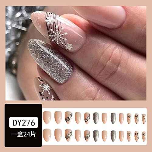 Christmas Press on Nails Medium Fake Nails Almond Acrylic Glue on Nails Snowflake Glossy False Nails Artificial Stick on Nails for Women 24Pcs