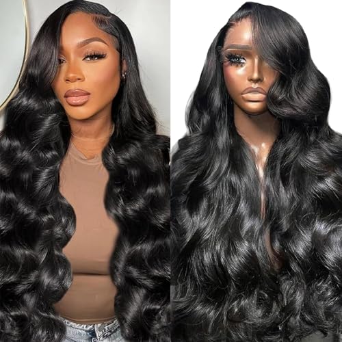 13x6 Body Wave Lace Front Wigs Human Hair Pre Plucked HD Transparent Lace Frontal Wigs Human Hair 250% Density Glueless Human Wigs with Baby Hair for Women 24 Inch