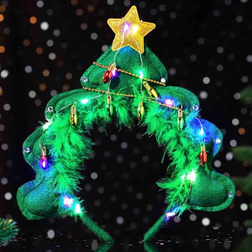 Olbye Light Up Christmas Headbands LED Christmas Tree Hairbands Glow Hair Hoop Star Xmas Costume Headpiece Festival Headwear Holiday Party Hair Accessories for Women