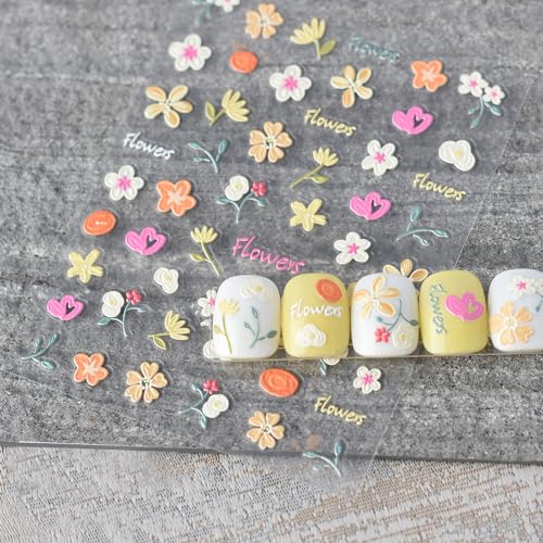 SILPECWEE 8 Sheets Flower Nail Art Stickers 3D Flower Daisy Nail Stickers Self-Adhesive Nail Design Stickers Spring Nail Decals for Nail Art Decoration Accessories