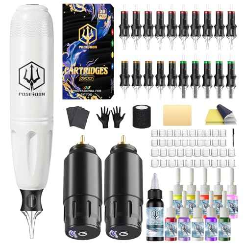 POSEIDON Wireless Rotary Tattoo Machine Kit with 20 Tattoo Cartridge Needles, Ink Set & 2 Rechargeable Batteries | Professional Portable Tattoo Gun for Beginners | Complete Starter Supplies