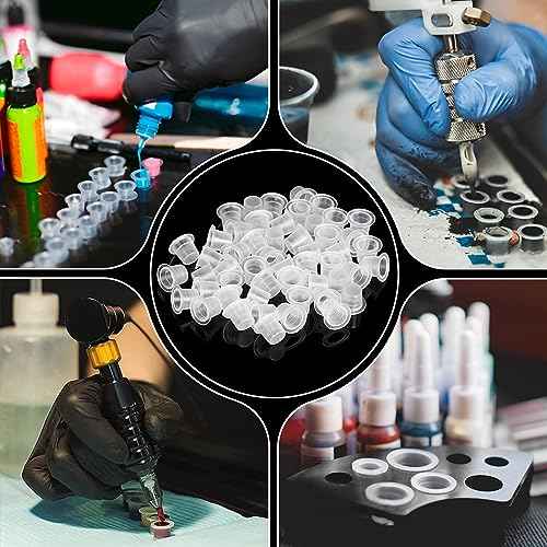 3MM Tattoo Practice Skin 5Pcs + 300 Ink Cups Kit - Realistic Double-Sided Training, Mixed Size 11mm/14mm/17mm Pigment Caps for Tattoo Artist & Beginner