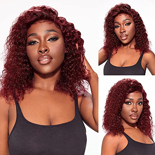 99j Burgundy Bob Lace Front Wigs Human Hair for Women 13x4 Hd Lace Frontal Short Curly Glueless Bob Wigs Pre Plucked Brazilian Remy Hair Wigs Wine Red Color 12 inch