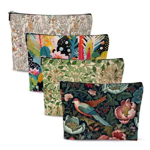 4 Pcs Cosmetic Bags for Women Makeup Bag, Thank You Gifts Christmas Birthday Friendship Gifts for Girls Friends Bestie Grandma Teacher Travel Toiletry Bag, Vintage Abstract Botanical Flower Bird