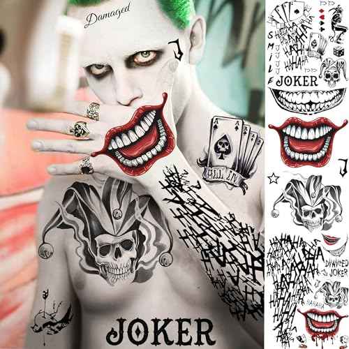 FANRUI 6 Sheets Joker Tattoos Halloween Face Makeup Kit, Temporary Tattoos For Men Women Adults, Smile Face Clown Damaged Tattoo Joker Prisoner Cosplay Costumes And Party Accessories