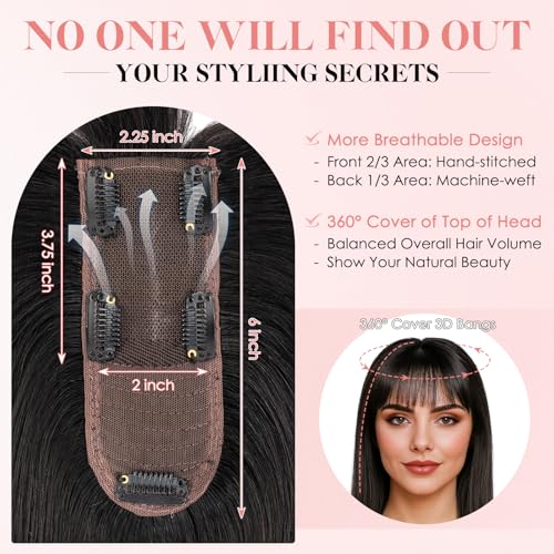 Hairro Human Hair Topper with Wispy Bangs, Clips on 360¡Æ 3D Cover Real Hairpieces Lightweight, 2.25"x6" Base for Women with High Hairline/Thinning Hair, 8 Inch Natural Black Bangs