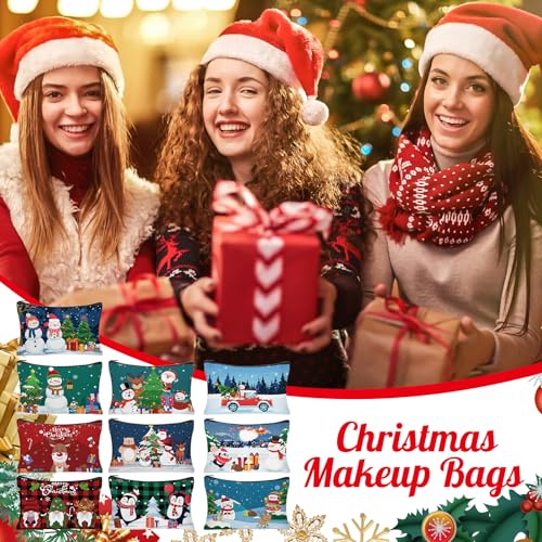 30Pcs Christmas Makeup Bags Canvas Cosmetic Bags with Zipper Portable Santa Gnomes Snowman Xmas Canvas Gift Bag Goodie Bag Travel Toiletry Pouch for Women Holiday Present Xmas Party Gift