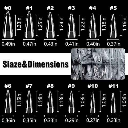 LoveOurHome 600pc Soft Gel Stiletto Nail Tips Pointy Fake Nails Clear Press on Nails Long Full Cover Acrylic Nails Stiletto False Artificial Fignernails 12 Sizes for Acrylic Gel Nail Extension