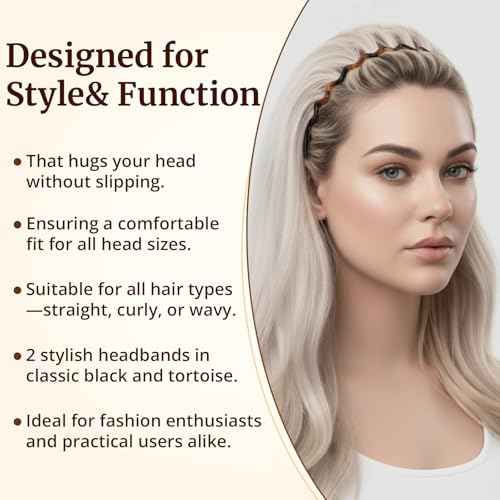 2 Pack Plastic Zig Zag Headbands with Teeth, Wavy Hair Comb Headband Hoop, Non-Slip Grip, Classic 90s Fashion Accessory for Women and Men£¨Black and Brown£©