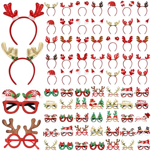 Giegxin 64 Pcs Christmas Glasses Frame and Headbands Set with 32 Cute Party Headband and 32 Funny Eyewear Xmas Hair Headwear for Christmas Xmas Holiday Party Favors
