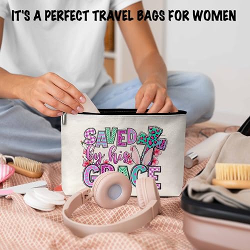 ONDTOM Happy Easter Gifts for Women Friends, Easter Bunny Makeup Bag, Saved By His Grace Teacher Appreciation Gifts -B14