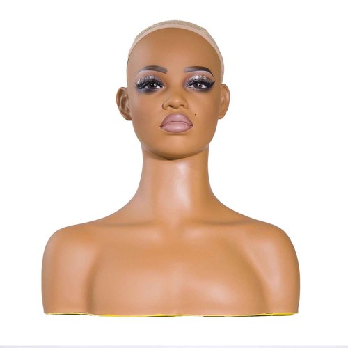 JINGFA PVC Premium Half Body Mannequin Head with Shoulders - Wig Head Stand Perfect for Displaying Wigs, Hats, and Jewelry- Medium Brown Realistic Makeup DH-YH2