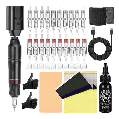 ATOMUS Cordless Tattoo Machine Kit Rotary Tattoo Machine Kit with Cordless Tattoo Power Supply 20pcs Cartridge Needles Practice Skin Ink Cups 30ml Tattoo Ink