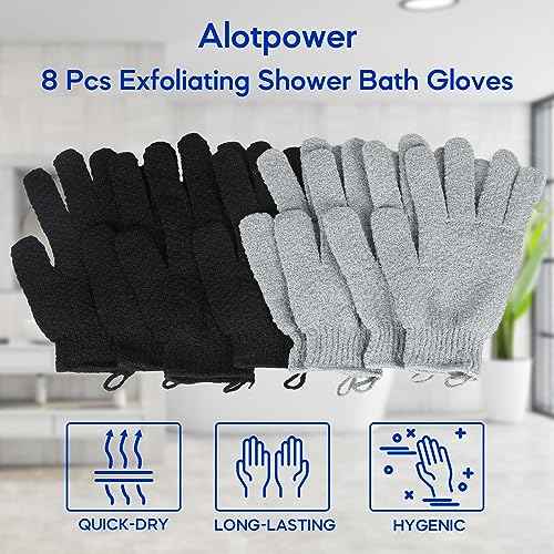 Exfoliating Gloves for Big Hands 8Pack- Lengthened and Large Double-Sided Shower Gloves(4Pairs/8Pcs) for Shower, Spa, Massage - Large Bath Gloves (4Pcs Black and 4Pcs Gray)