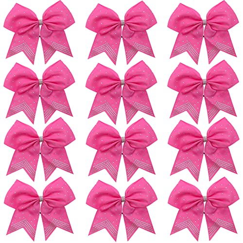 Hipcheer 12PCS 8" Rhinestones Large Cheer Hair Bows for Girls, Hand-made Grosgrain Ribbon Hair Accessories for Teen Girls Softball Cheerleader Sport (Hot Pink)