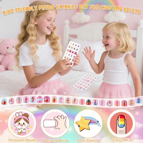 144 Pcs Small Kids Nails Set, Thrilez 6 Pack Mini Press on Nail Pre-glue Artificial False Acrylic Nails Set for Little Girl Children