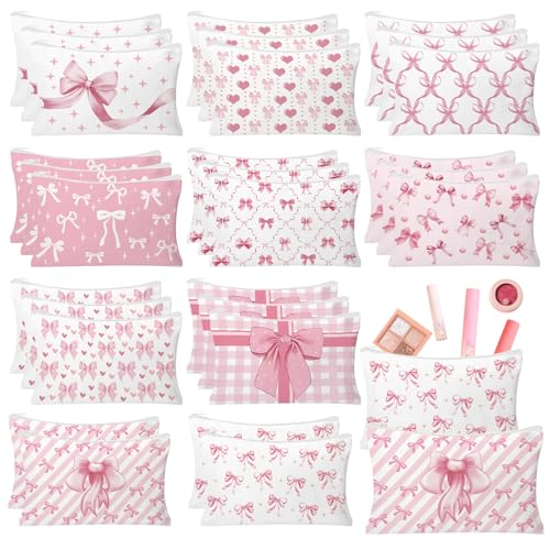 30pcs Pink Bow Makeup Bag Coquette Cosmetic Bags for Women Elegant Bow Preppy Pink Pouch Travel Toiletry Bag Bow Themed Gifts for Women Teens Teen Girls
