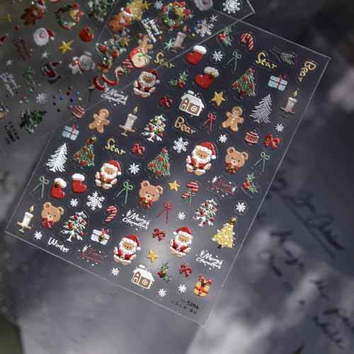 1 Sheet Christmas Nail Sticker Self- Adhesive Nail Decals with Cute Snowman Candle Snowflake Bow Elk Santa Claus Design Xmas Nail Art Stickers for Women Winter Holiday Nail Sticker