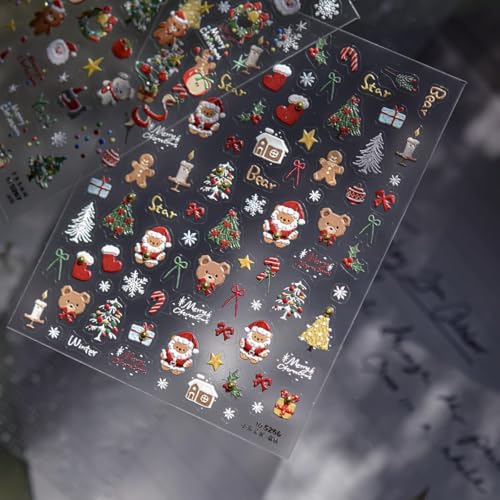 1 Sheet Christmas Nail Sticker Self- Adhesive Nail Decals with Cute Snowman Candle Snowflake Bow Elk Santa Claus Design Xmas Nail Art Stickers for Women Winter Holiday Nail Sticker