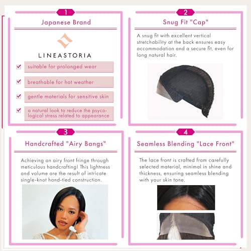 Exotic Bob Wig for Black Women - Snug Fit Cap, Handcrafted Airy Bangs, Seamless Lace Front, Asymmetrical, Rounded Nape, Glueless, Hypoallergenic, Heat Resistant (Natural Black)