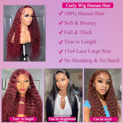 99J Burgundy 13x4 Deep Wave Lace Front Wigs Human Hair HD Transparent Lace Frontal Wig Human Hair Pre Plucked 99j Burgundy Deep Curly Wigs Human Hair For Women 180% Density 20 Inch