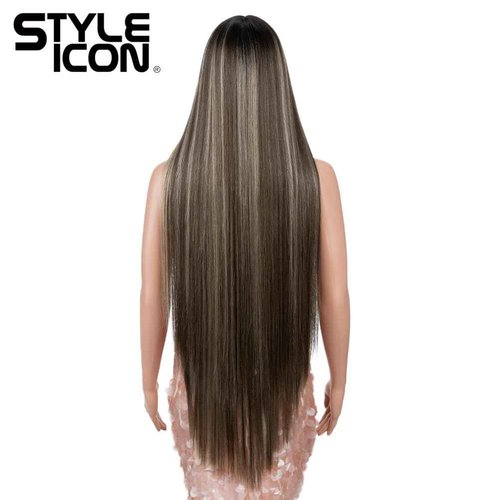 Style Icon 38" Super Long Straight Wigs 6" Deeper Middle Part Lace Lace Front Wigs Ombre Brown Synthetic Wig (38", NTSN4/UN8/12R)