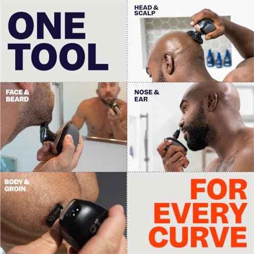 Freebird FlexSeries Electric Head & Body Hair Shaver - Mens Cordless Rechargeable Wet/Dry Skull Bald Head Back & Groin Waterproof Razor with Rotary Blades, Clippers, Nose Trimmer, Brush, Massager