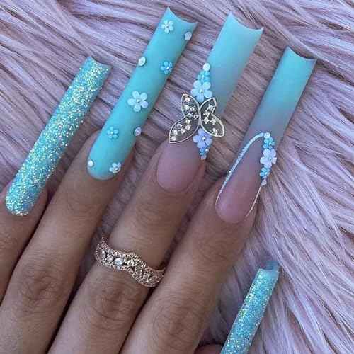 Gradient Press on Nails Matte Fake Acrylic Long Blue Nails Square French Full Cover Butterfly Fake Nails for Women and Girls 24PCS