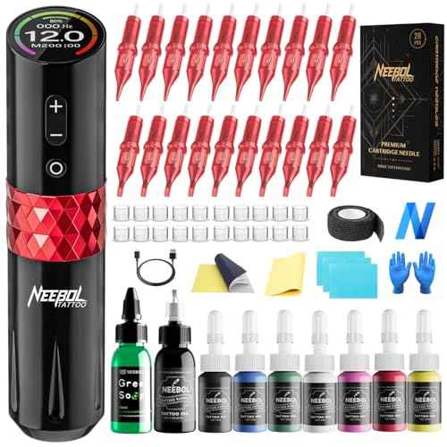 Neebol Tattoo Kit, Wireless Tattoo Pen Cordless Tattoo Gun Set With 20 Cartridge Needles Complete Tattoo Machine Kit for Beginners and Artists Tattoo Supplies Equipment (Black)