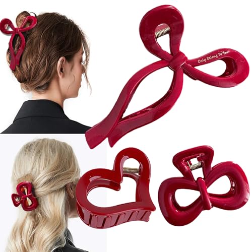 FULYA 3Pcs Red Bow Hair Clips Set for Women - red hair clip -hair bow clip,Nonslip Butterfly Hair Accessories,large claw clips for Thin thick hair,Perfect for Daily Wear, Parties (3P Red Clips)
