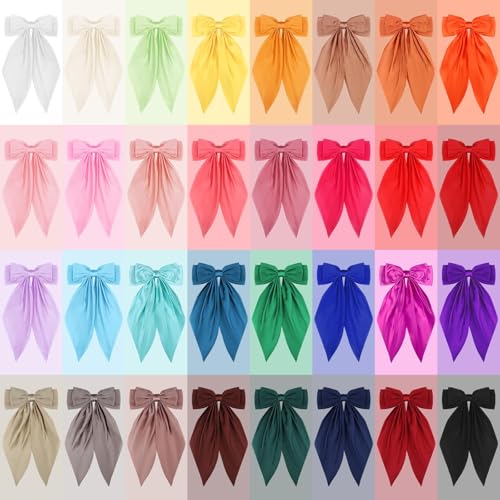 32Pcs Satin Hair Bows Bulk Big Hair Bows for Women Large Hair Ribbons Silky Satin Oversized Hair Bows Long Tail Large Hair Barrettes Hair Cute Oversized Bow Hair Clips with Long Tails