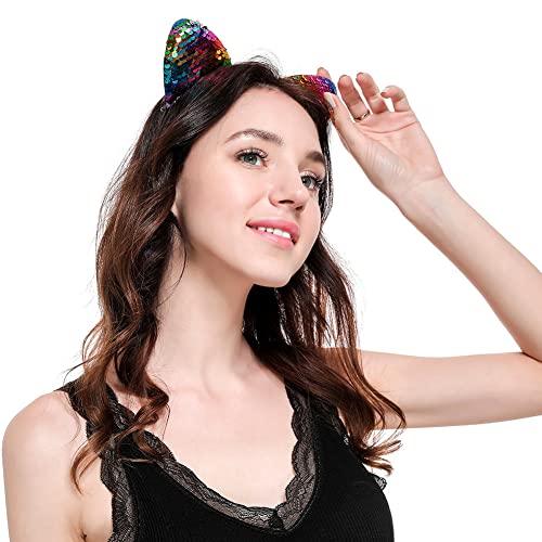 QUUPY 6PCS Cat Ears Headband Sequin Headbands Lovely Hair Accessories for Daily Wearing Kitty Ears Headband for Party Decoration