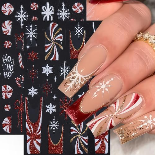 8Pcs Christmas Nail Stickers 5D Embossed Nail Decals Glitter Xmas Candy French Snowflake Gift Bow Elk Bear Nail Design Christmas Gingerbread Man Nails Supplies for Women Winter Holiday Manicure DIY