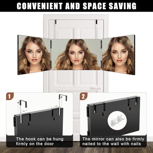OLIBUY 3 Way Mirror for Hair Cutting, Three Way Mirror for Shaver and Makeup, Height Adjustable with Two Hold Nails, 360 Viewing Angle, Clear Anti-Fog HD Glass