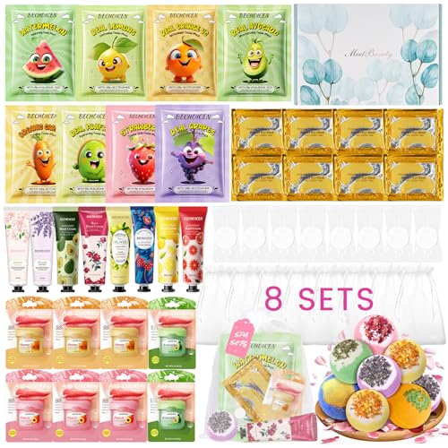 56Pcs Spa Party Supplies Set,Including 8 Spa Kits with Facial Masks Eye Patches Hand Cream Lip Balm Foot Bath Bombs,Ideal Gift for Sleepover,Spa Day,Slumber & Birthday Party Favors