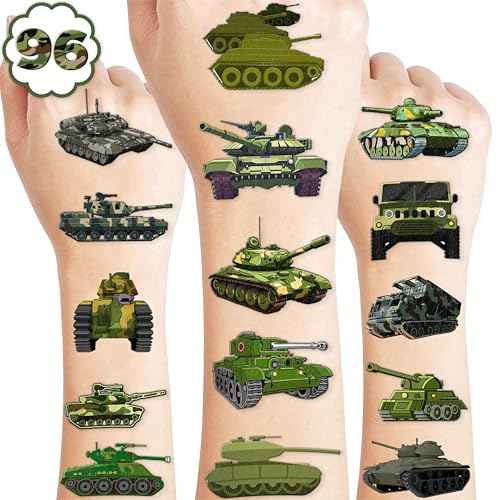 100 PCS Tank Military Temporary Tattoos Themed Birthday Party Decorations Favors Supplies Decor Army Camo Camouflage Soldier Tattoo Stickers Gifts For Game Boys Girls Classroom School Prizes Christmas