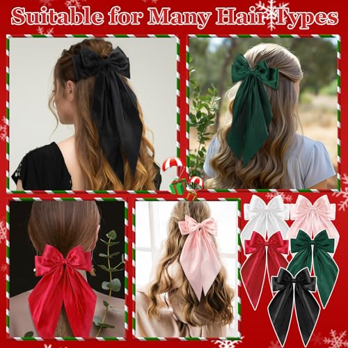 5 Pcs Satin Hair Bows - Big, Long Tail Ribbon Hair Bows in Red and Green for Christmas