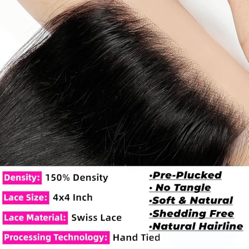 12A Bundles With Closure Human Hair 16 18 20+14 Inch,Body Wave Human Hair Bundles With 4X4 Hd Lace Closure,100% Unprocessed Brazilian Virgin Hair Weave Natural Black Color