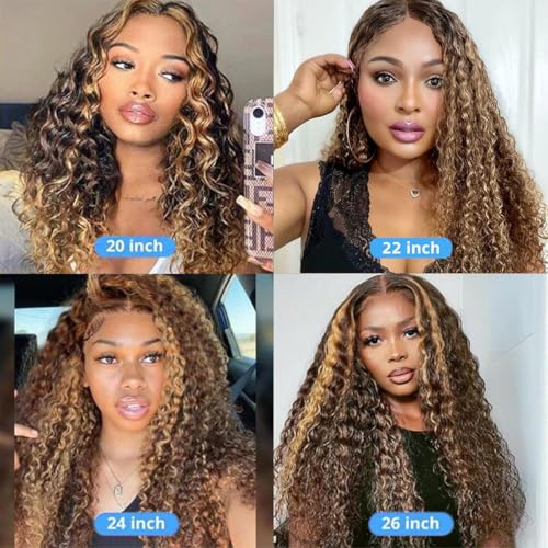 16Inch Highlighted Deep wave Lace Front Wig Human Hair Honey Blonde Highlight Deep Wave Wigs Human Hair 4/27 Curly Highlighted Wig for Black Women Pre-Plucked 180% Ombre Curly Wigs Glueless