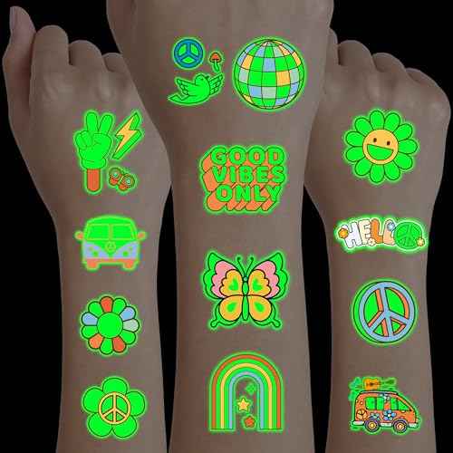 96PCS Groovy 70s Pre-Cut Temporary Tattoos - Retro Flower Power, Good Vibes Party Decorations & Favors | Cute Tattoos Stickers Gift for Kids, Boys & Girls, Prize Supplies