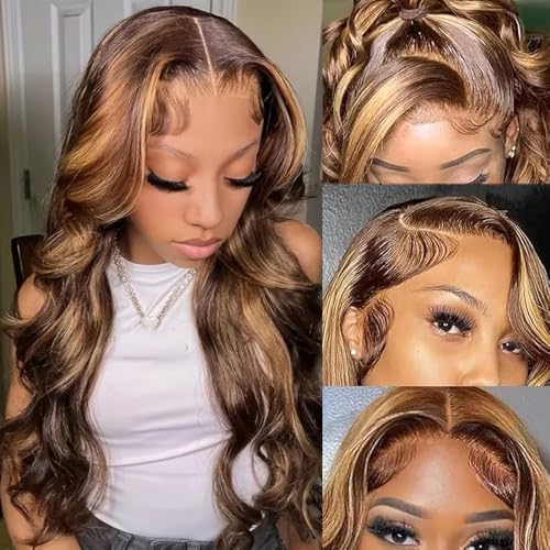 Highlight Ombre Lace Front Wig Human Hair Pre Plucked Body Wave 4/27 Colored Honey Blonde Wigs 13x4 HD Lace Frontal Wigs Human Hair 180 Density Glueless Wigs Human Hair for Women 22 Inch