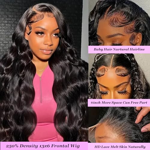 13x6 HD Frontal Wig 250 Density HD Lace Front Wigs Human Hair Pre Plucked with Baby Hair Brazilian Virgin Hair Glueless Body Wave Wig 22 Inch Transparent Lace Front Wigs Human Hair Natural Black