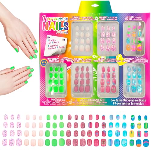 7 Day Manicure Collection - 84PC Press On Nail Set, Day-of-The-Week Adhesive False Nails for Girls (Set of Brights or Pastels) ? Colorful Novelty Designs Stick On Nails for Kids